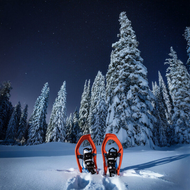 Raquettes dans la neige la nuit (image générée par Adobe Firefly)