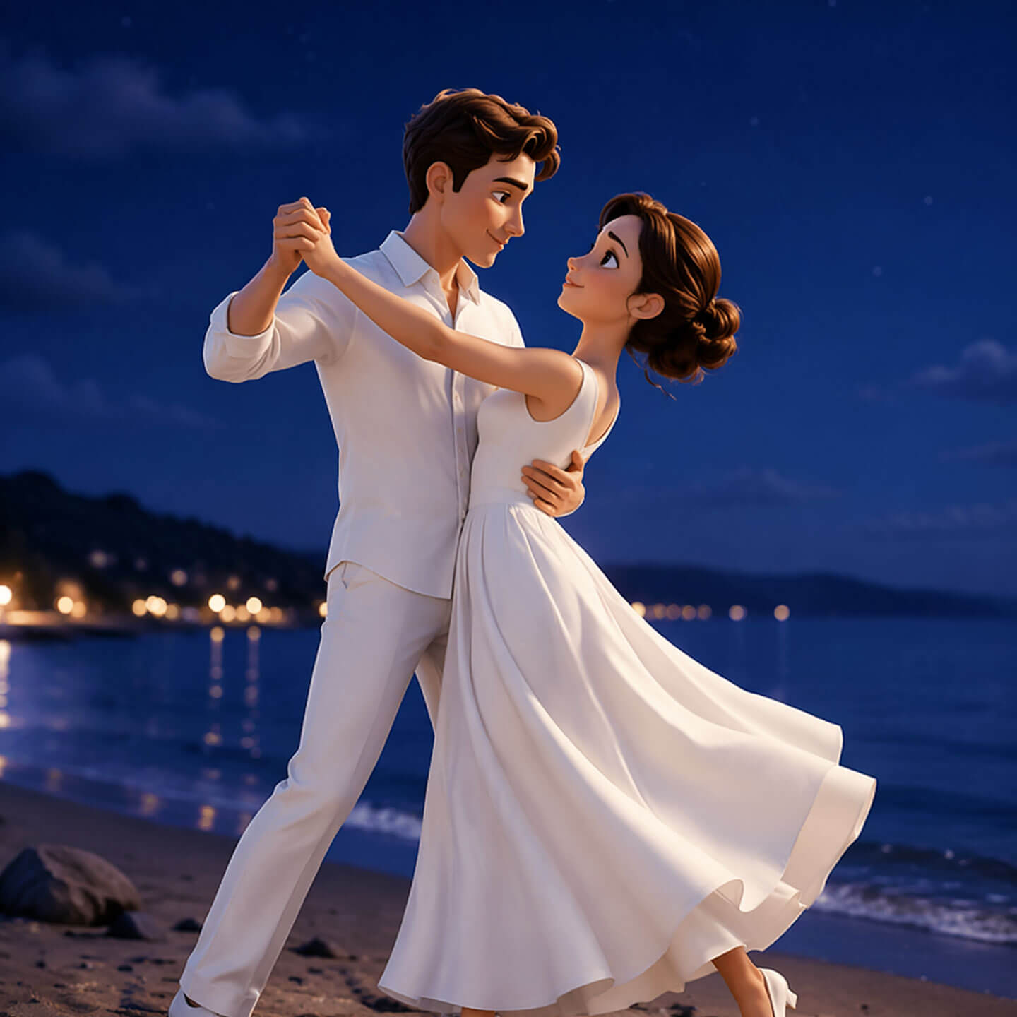 Couple en blanc dansant une valse sur une plage du Québec la nuit, illustration 3D générée par IA